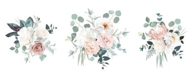 Blush pink rose, ranunculus, camellia, peony, hydrangea, magnolia, protea flowers