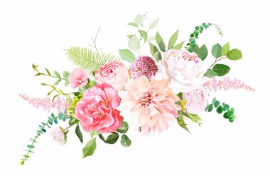 Pembe bahçe gülleri, ranunculus, şakayık, allium, yıldız çiçeği vektör buketi.