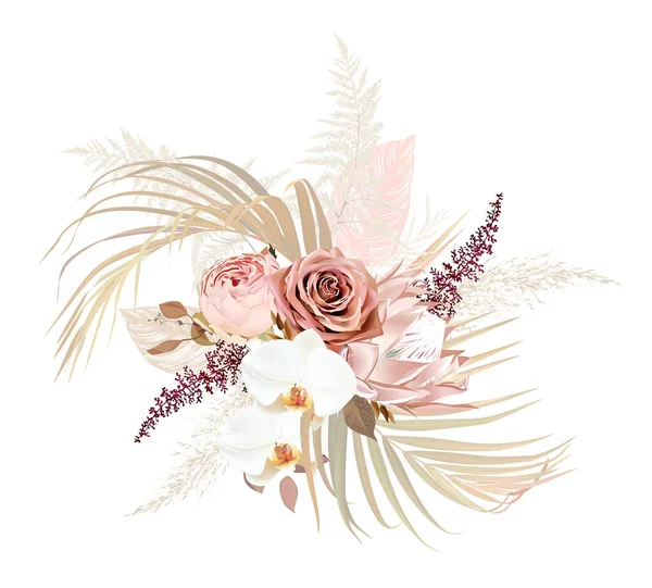 Hojas de palma secas de moda, rosa rubor, pálido diseño de vectores protea ramo de boda — Vector de stock