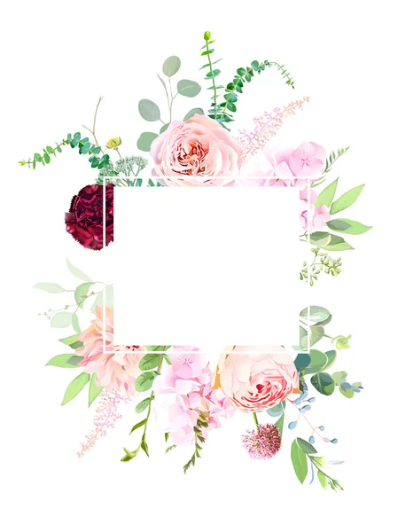 Ροζ τριαντάφυλλα στον κήπο, ranunculus, γαρύφαλλο, Allium, dahlia λουλούδια vector design frame — Διανυσματικό Αρχείο
