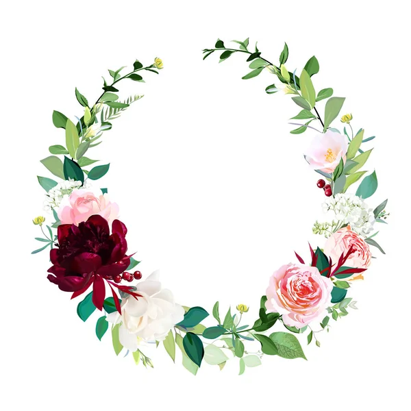 Blush pink roses, hydrangea, red peony vector design invitation frame — Stock Vector