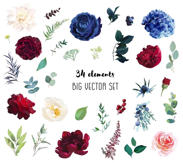 Rosa rossa e marina, ortensia blu, dalia beige, ranuncolo, fiori da giardino primaverili — Vettoriale Stock