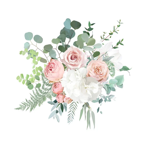 Blush rosas jardín rosa, ranúnculo, hortensias flores vector diseño ramo. — Vector de stock