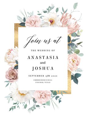 Tozlu gül, kamelya, protea, ranunculus, şakayık, okaliptüs, yeşillik.