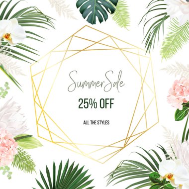 Tropik çiçekler ve vektör tasarım kartı.