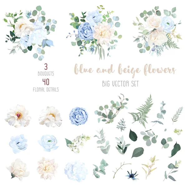 Dammigt blå, elfenbensbeige ros, vit hortensia, magnolia, pion, ranunkel, bröllopsblommor, grönska och eukalyptus — Stock vektor