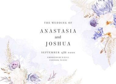 Modern mor ve bej renkli vektör tasarımı çerçevesi. Pastel otlar, eğreltiotu, beyaz şakayık, manolya