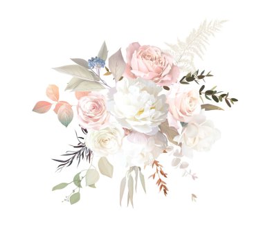 Boho bej ve kızarık moda vektör tasarım buketi. Pastel eğreltiotu, fildişi şakayık, kremalı manolya