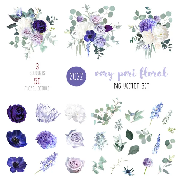 Pervinca viola, anemone viola, malva polverosa e rosa lilla, ortensia bianca, giacinto, magnolia — Vettoriale Stock