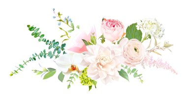 Pembe bahçe gülleri, ranunculus, şakayık, allium, yıldız çiçeği vektör buketi.