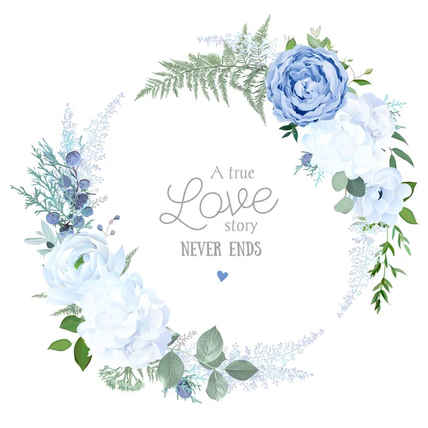 Rose bleue poussiéreuse, hortensia blanche, ranunculus, anémone, eucalyptus, verdure, genévrier — Image vectorielle