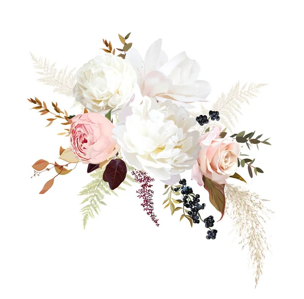 Foglie secche alla moda, rosa rossastro, peonia bianca e magnolia, astilbe, erba pampas — Vettoriale Stock