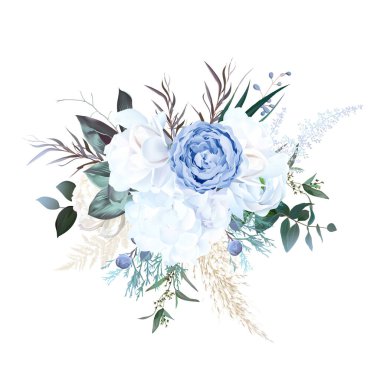 Dusty blue rose, white hydrangea, ranunculus, magnolia, agonis, pampas grass, greenery, ardıç vektör demeti. Düğün mevsimlik çiçekleri. Çiçekli suluboya kompozisyon. İzole ve düzenlenebilir