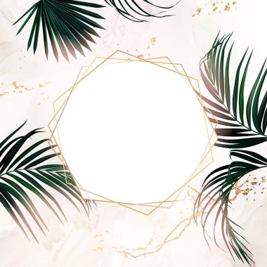 Bej kuvars jeot vektör tasarım çerçevesi. Lezzetli kahverengi desen kartı. Altın çatlaklar. Kintsugi sanatı. Doğal taş. Modaya uygun bir düğün davetiyesi. Zümrüt yeşili tropik palmiye yaprakları. İzole ve düzenlenebilir