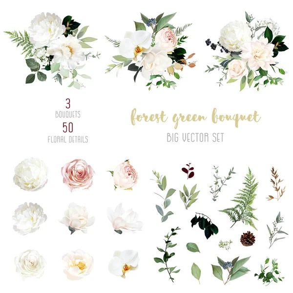 Blush rosa Rosen, Hortensien, Orchideen, weiße Pfingstrosen, große Vektor-Design-Set — Stockvektor