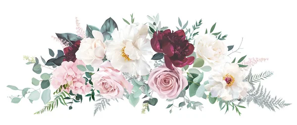 ブルゴーニュ赤牡丹、白モクレン、ほこりっぽいピンクのバラとアジサイ、アスティルベの花 — ストックベクタ