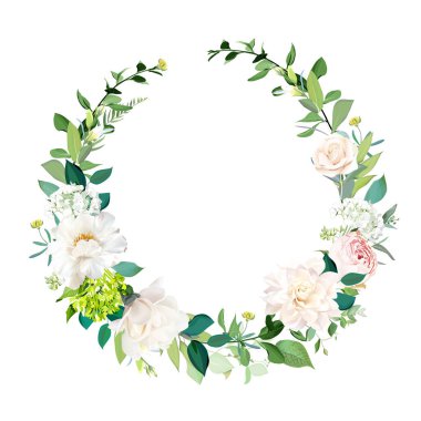 Kırmızı pembe güller, ortanca, yıldız çiçeği, beyaz şakayık vektör tasarımı davetiye çerçevesi