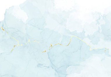 Açık mavi suluboya sıvı vektör boyama kartı. Tozlu mavi ve altın jeot çerçevesi