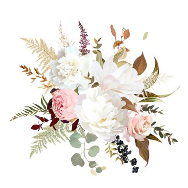 Moda olmuş kuru yapraklar, pembe gül, beyaz şakayık ve karanfil, manolya