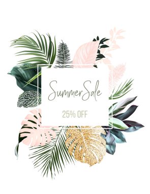 Tropik zarif pastel çerçeve egzotik ve kurumuş palmiye yapraklarından düzenlenmiş.