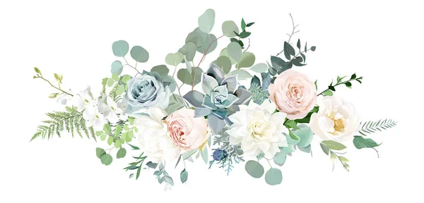 Classic pink rose, white peony, orchid flowers, blue succulent, dahlia, eucalyptus, fern, greenery vector — ストックベクタ