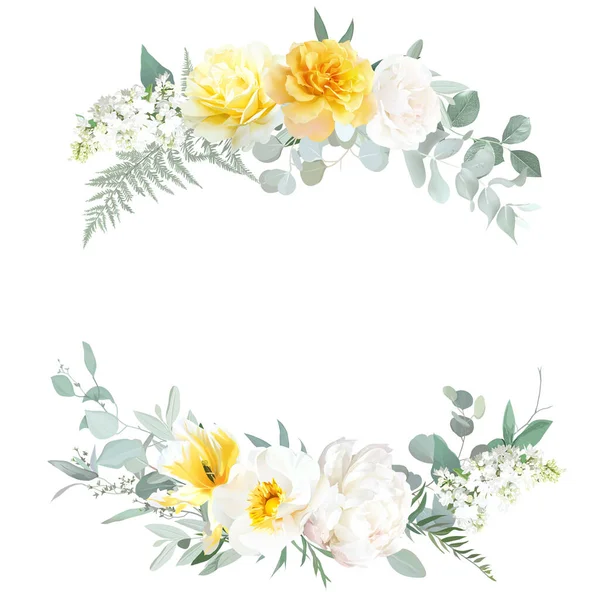 Yellow rose, peony, white lilac, tulip, spring garden flowers, mint eucalyptus, greenery, fern,vector design frame — Vector de stock
