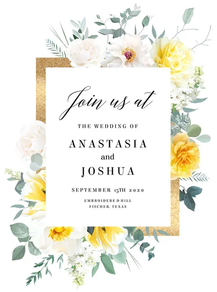 Sarı gül, şakayık, beyaz leylak, lale, bahar bahçesi çiçekleri, nane okaliptüsü, yeşillik, eğrelti otu, vektör tasarımı