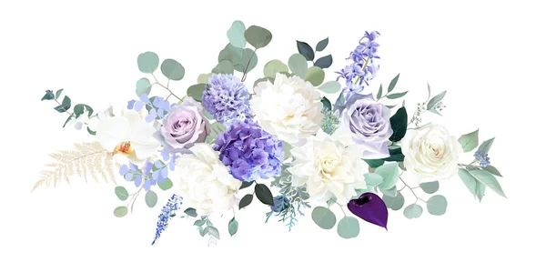 Rose pourpre pâle, jacinthe mauve et lilas poussiéreuse, hortensia, dahlia blanc, pivoine, orchidée, fougère séchée — Image vectorielle