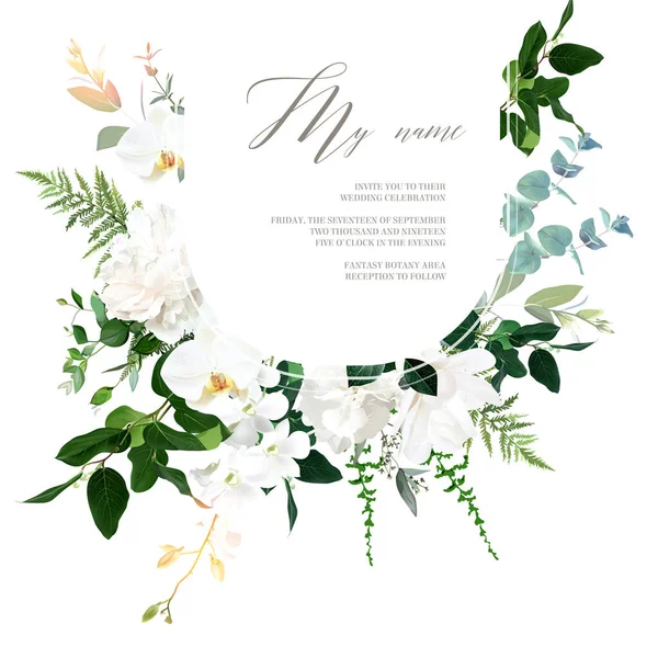 Pivoine blanche classique, hortensia, magnolia et fleurs d'orchidées, eucalyptus, fougère, salal, vecteur de verdure — Image vectorielle