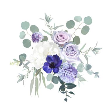 Periwinkle menekşe şakayığı, soluk mor gül, tozlu leylak ve leylak sümbülü.