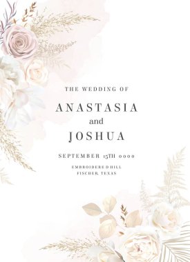 Modern bej ve kızarık moda vektör tasarımı çerçevesi. Pastel otlar, eğreltiotu, beyaz şakayık