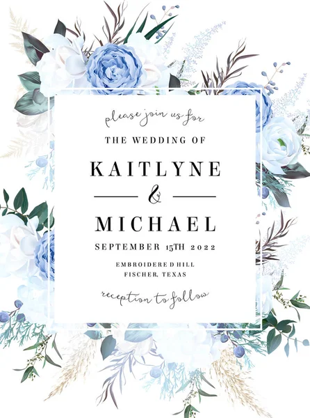 Tozlu mavi gül, beyaz ortanca, ranunculus, manolya, okaliptüs, yeşillik, ardıç