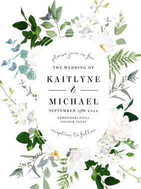 Klasik beyaz şakayık, ortanca, manolya ve orkide çiçekleri, okaliptüs, eğrelti otu, salal, yeşillik vektörü