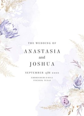 Modern mor ve bej renkli vektör tasarımı çerçevesi. Pastel otlar, eğreltiotu, beyaz şakayık, manolya, mor gül, orkide, sümbül. Suluboya fırça dokusu. Düğün kartı. İzole ve düzenlenebilir