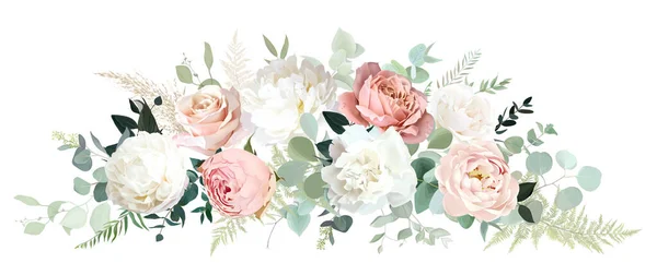 淡いピンクの椿 ほこりの多いバラ 象牙の白い牡丹 カーネーション ヌードピンクのランヌクラス ユーカリベクトルデザイン花束 結婚式のセージ 赤面とベージュの花 すべての要素は隔離および編集可能です — ストックベクタ