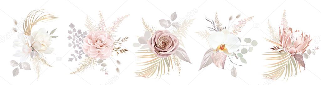 Ecru, blush pink rose, pale camellia, magnolia, white orchid, protea, pampas grass, dried palm vector flowers big set.Trendy bouquets. Beige, gold, taupe color. Elements are isolated and editable