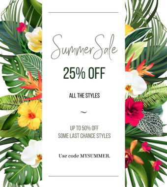 Egzotik zümrüt yaprakları ve egzotik çiçeklerden yapılmış tropik bir pankart. Cennet bitkileri, yeşillik ve palmiye kartı. Şık bir moda çerçevesi. Düğün tasarımı. Bütün yapraklar kesilmemiş. İzole ve düzenlenebilir