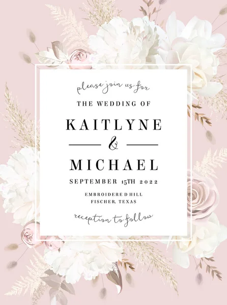 Çiçek geometrik çizgi sanat vektör tasarımı pembe çerçeve. Düğün suluboya çiçekleri. Fildişi beyaz şakayık, tozlu pembe allık gül, bej manolya, lagarus, pampa otu, kuru yapraklar. İzole edilmiş ve düzenlenebilir.