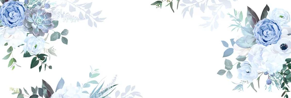 Dammig Blå Ros Vit Hortensia Ranunkel Magnolia Eukalyptus Grönska Enbär — Stock vektor