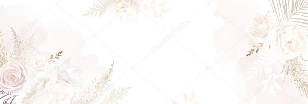 Modern beige and blush trendy vector design banner. Pastel pampas grass, fern, white peony, pale magnolia, ranunculus, pink rose. Watercolor brush texture.Wedding boho card. Isolated and editable