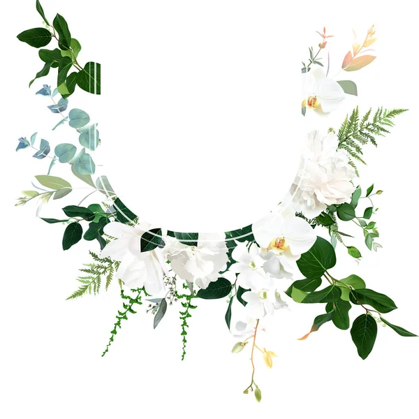 Klassische Weiße Pfingstrose Hortensien Magnolien Und Orchideenblüten Eukalyptus Farn Salal — Stockvektor