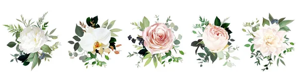 분홍빛 드란게아 조랑말 꽃무늬 모양의 꽃다발들 열광적 결혼식 베이지 에메랄드 — 스톡 벡터
