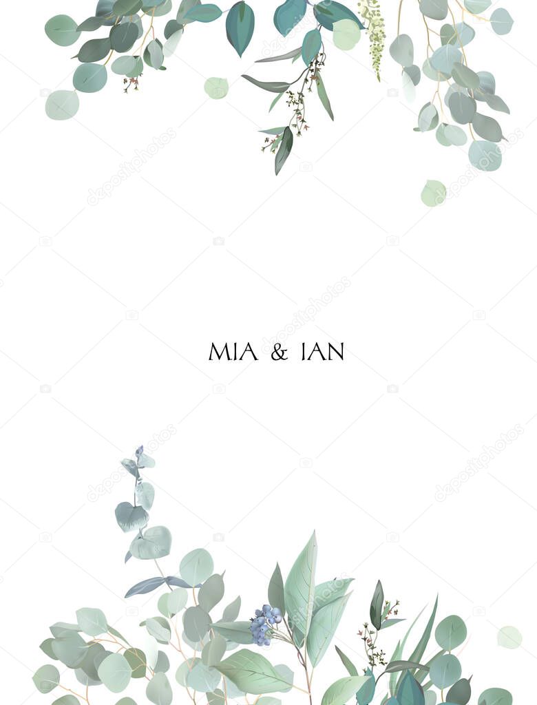 Herbal eucalyptus selection vector frame. Hand painted branches, leaves on white background. Greenery wedding simple minimalist invitation. Watercolor style card. Elements are isolated and editable