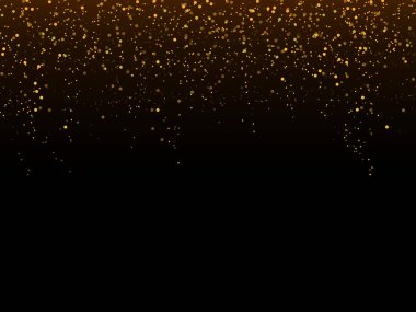 Altın simli konfeti siyah vektör arka planına düşüyor. Parlak altın parıltılı lüks tasarım kartı. Yılbaşı parlayan karı.