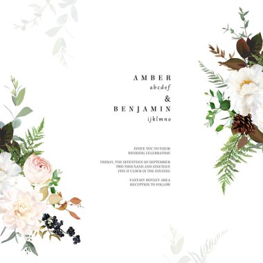 Kızarık pembe gül, beyaz şakayık, çam kozalağı, bej yıldız çiçeği vektör çerçeve kartı. Kırsal düğün yeşilliği. Zümrüt yeşili, beyaz tonlar. Suluboya buketi. Yaz stili. İzole ve düzenlenebilir