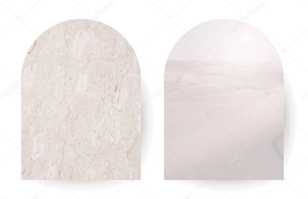 Beige quartz marble vector design frames. Stylish taupe brown cards. Desert landscape texture. Ecru white backgrounds. Natural grey stone.Trendy wedding invitations. Elements are isolated and editable