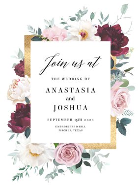 Burgonya kırmızısı ve pembe çiçekli vektör tasarım çerçevesi. Tozlu gül, ranunculus, beyaz şakayık, okaliptüs, yeşillik. Düğün altın parıltısı dikey arkaplan. Elementler izole ve düzenlenebilir.