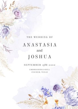 Modern mor ve bej renkli vektör tasarımı çerçevesi. Pastel otlar, eğreltiotu, beyaz şakayık, manolya, mor gül, orkide, sümbül. Suluboya fırça dokusu. Düğün kartı. İzole ve düzenlenebilir