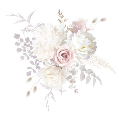 Boho bej ve kızarık moda vektör tasarım buketi. Pastel pampalar, fildişi şakayıklar, kremalı manolyalar, tozlu pembe güller, lagurular, kuru yapraklar. Düğün çiçekleri kızarır. Elementler izole ve düzenlenebilir.