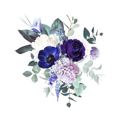 Periwinkle violet anemone, dark purple rose, dusty mauve and lilac hyacinth, allium, white peony, bellflower, eucalyptus vector design bouquet.Stylish wedding flower.Elements are isolated and editable